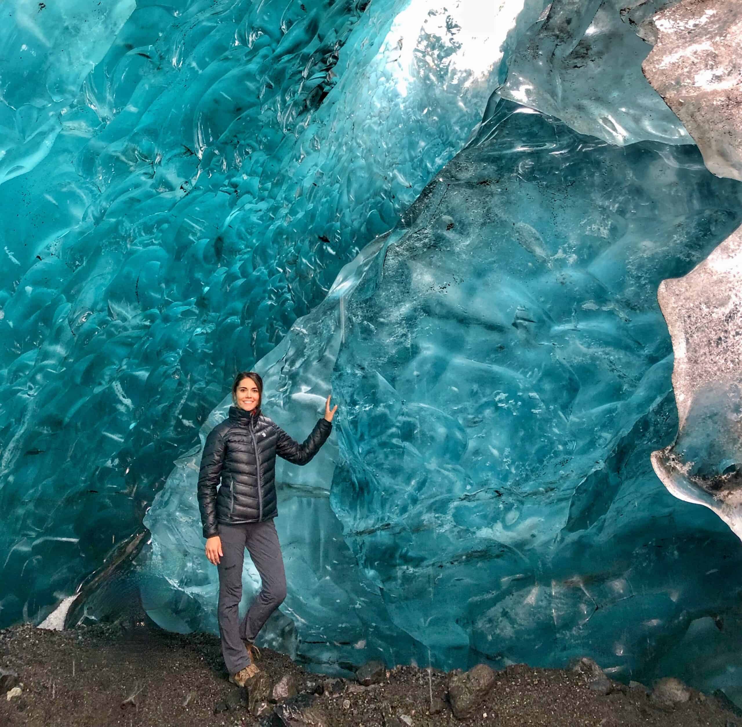 Michalea at the entrance to a glacial cave at Kverkjökull glacier, south Iceland, 2018.