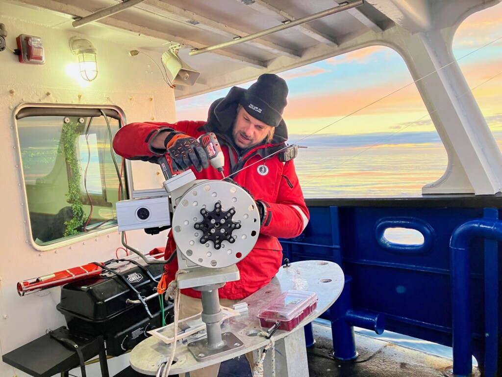 Dr. Gaube fabricating a heat sink to keep an over-heating underway CTD (Conductivity, Temperature, and Depth of seawater) winch operational during the September 2022 SASSIE (Salinity and Stratification at the Sea Ice Edge) expedition.